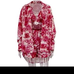 Women's  Sets New Retro Shirt Suspender Shorts Set Ink Printing Fashion size L